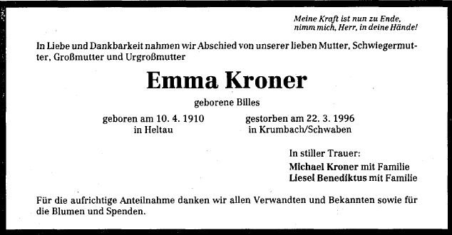 Billes Emma 1910-1996 Todesanzeige